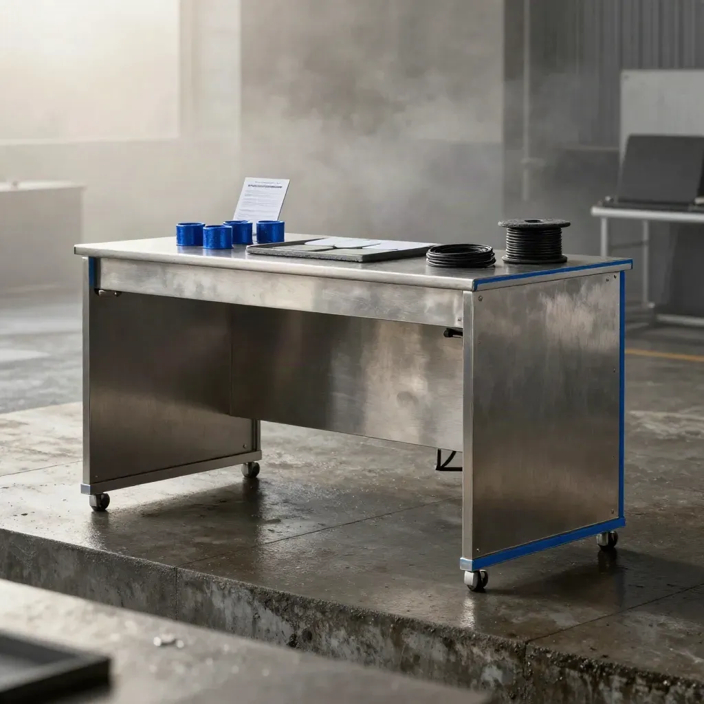 Brushed-steel cobalt supply desk with ingots, binder, discs, spool and case in misty dawn light.
