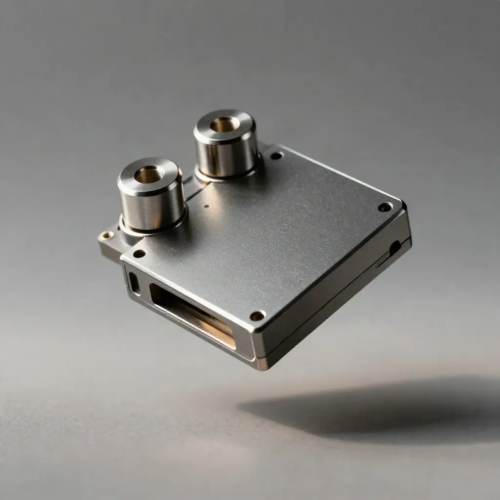Macro of graphite brokerage module with nickel pucks and a blank tab card on hazy ash-grey.
