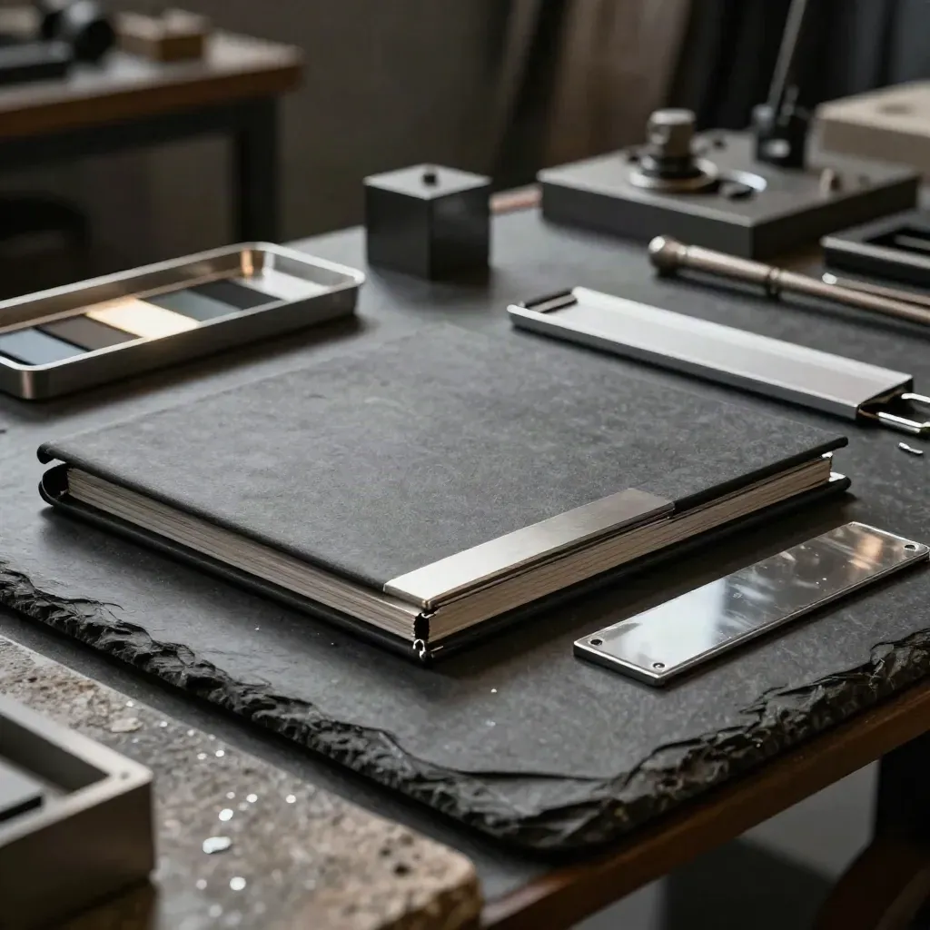 Metal brokerage deal kit on basalt table with alloy bars, folio, and tray