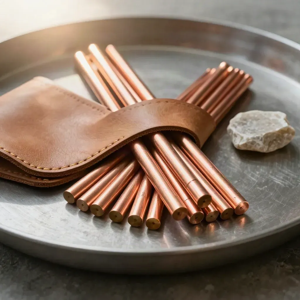 Copper sample rods with leather slip and stone shard on slate, warm dust and soft light.