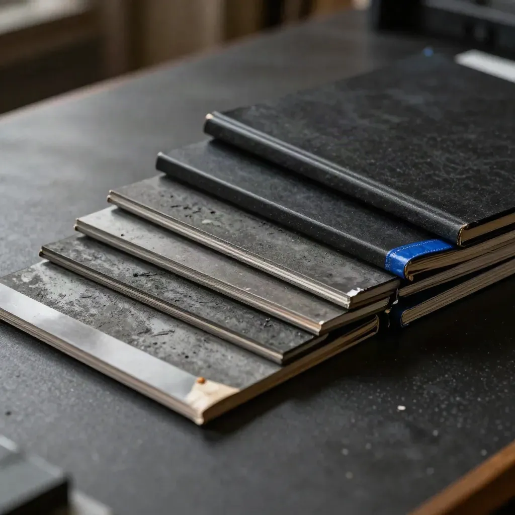Overhead fan of graphite sample plates and a sealed black folio on matte black, lit in cool haze.