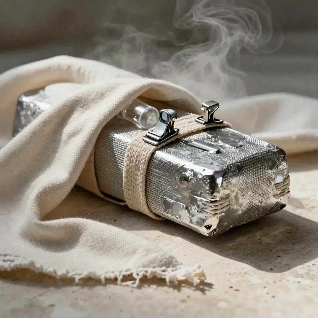 Wrapped metal ingot with vial and brushed clips in steam on pale stone