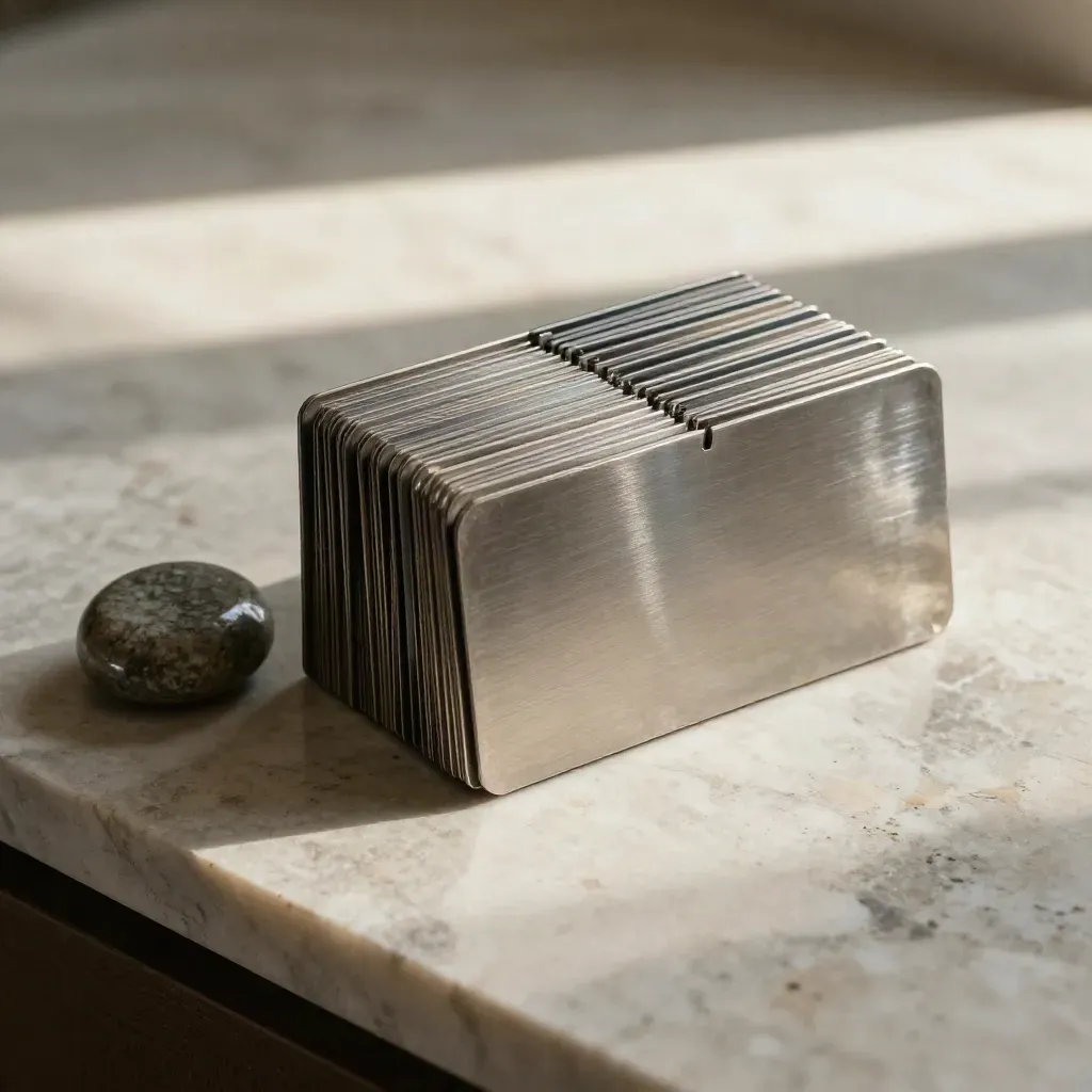 Overhead flatlay of blank metal cards, tab dividers, and a polished stone weight on pale limestone.