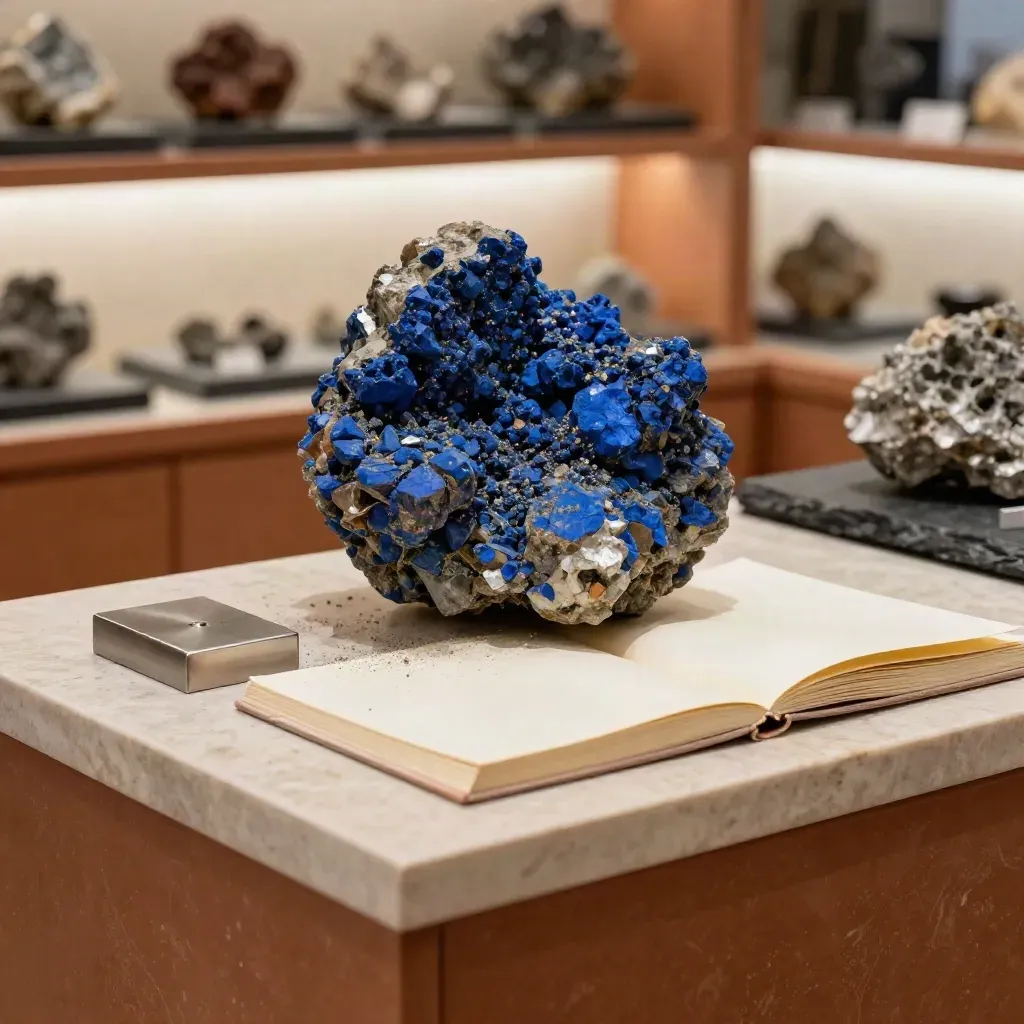 Mineral core, blank folio, and steel seal disk on a pale stone plinth