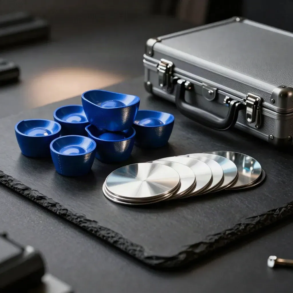Cobalt ingots, silver sample discs and a graphite case on a dark plinth