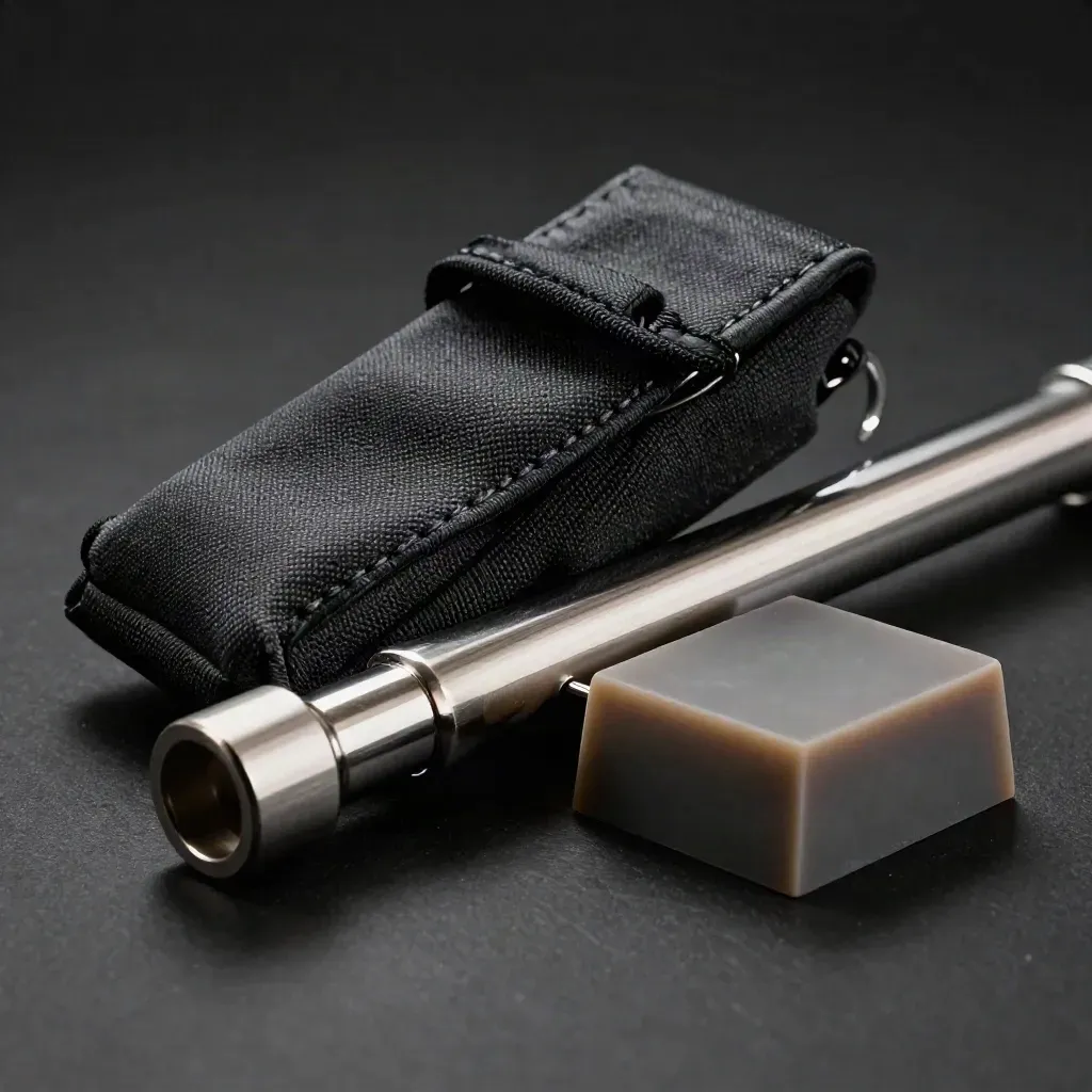 Polished alloy rod, travel pouch, and matte seal block in dramatic studio light.