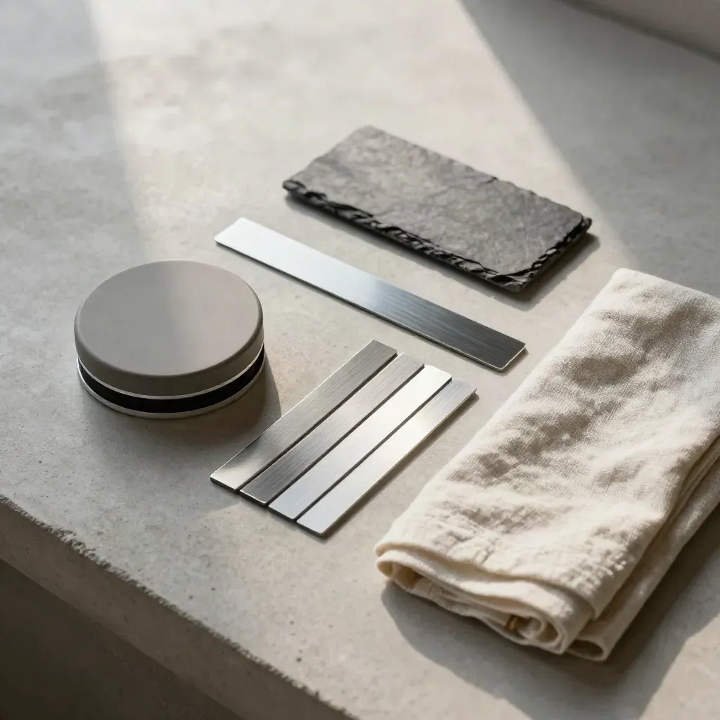 Overhead flatlay of ceramic puck, cobalt sample strips, and folded linen cloth on concrete