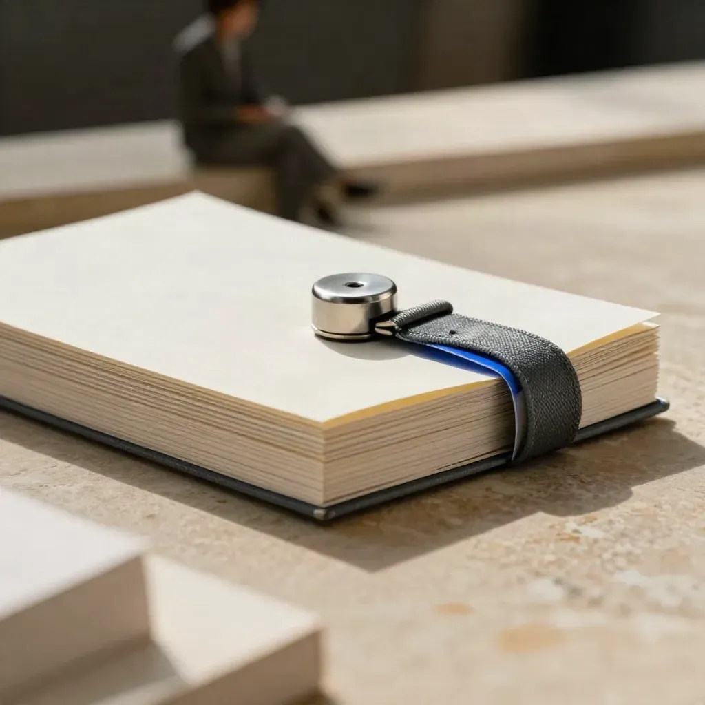Stacked tabs, steel paperweight, and graphite strap on a limestone ledge.