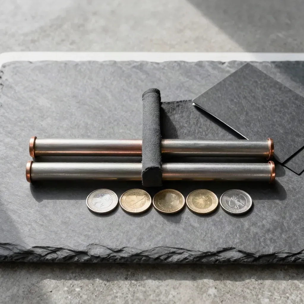 Overhead flatlay of copper and nickel bars with sample coins, fabric divider, and concrete slab.