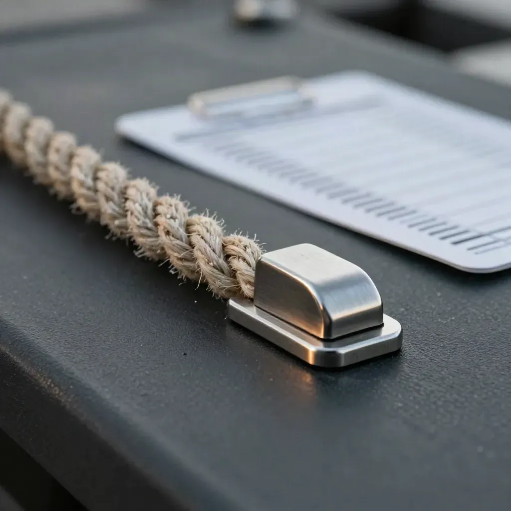 Coiled dock rope, cargo seal, and crate corner on a misty black industrial surface.