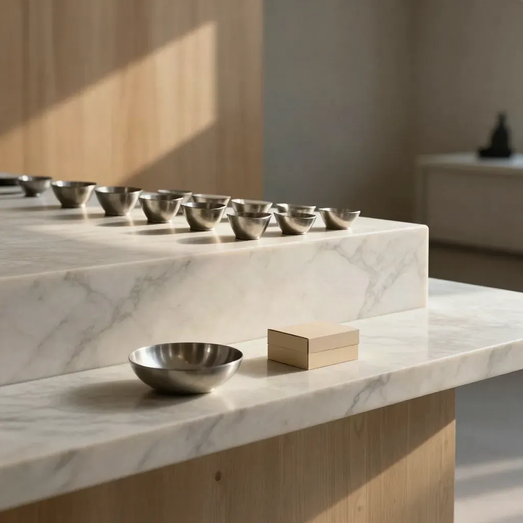 Sunlit marble ledge with steel bowl and unmarked metal samples in an industrial interior.