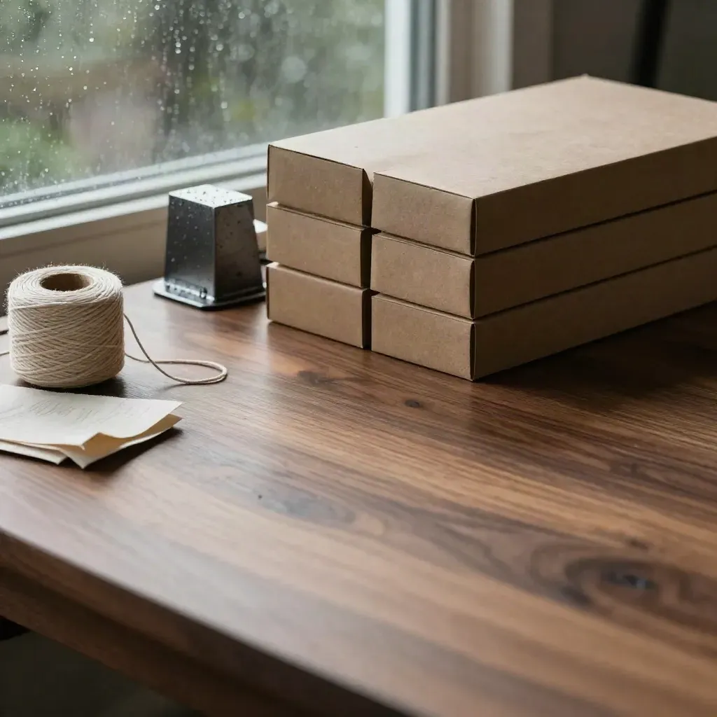 Walnut workbench with assay cartons and pale cord under rain-soft window light