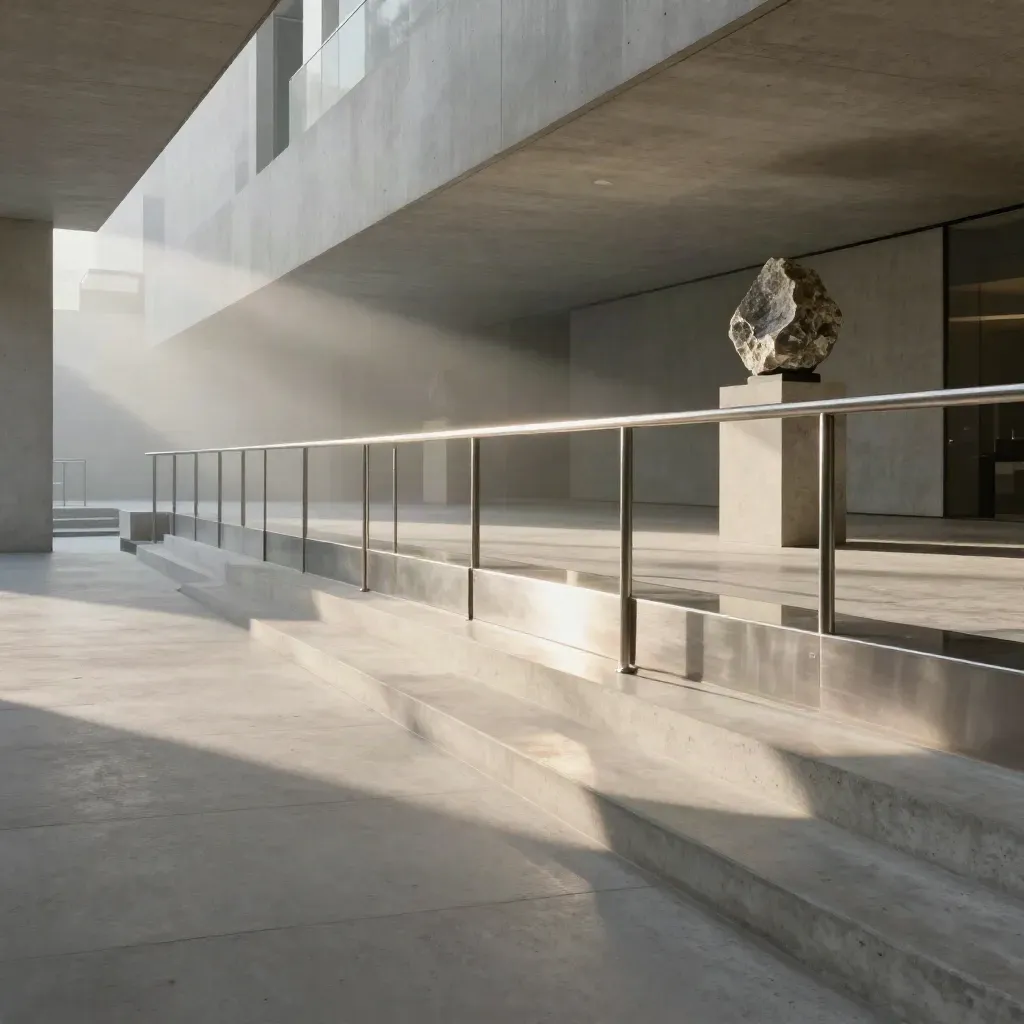 Sunlit concrete atrium walkway with steel rail and mineral plinth, calm lower space for copy