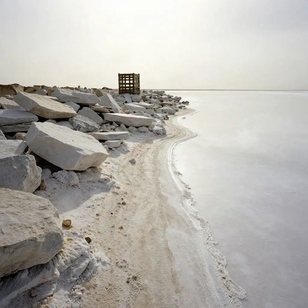 Salt flat with pale rocks and a crate silhouette in hazy sunlight